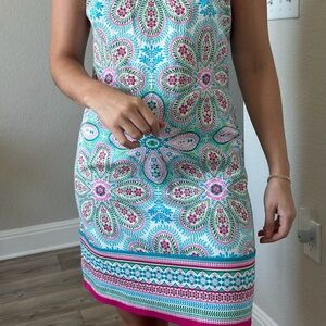 London Times Blue and Pink Floral Midi Dress -preppy resort dress